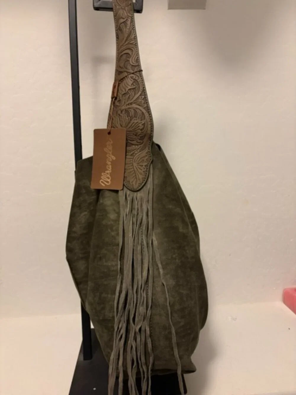 Wrangler Floral Tooled Fringe Hobo Bag Olive Brown Western NWT